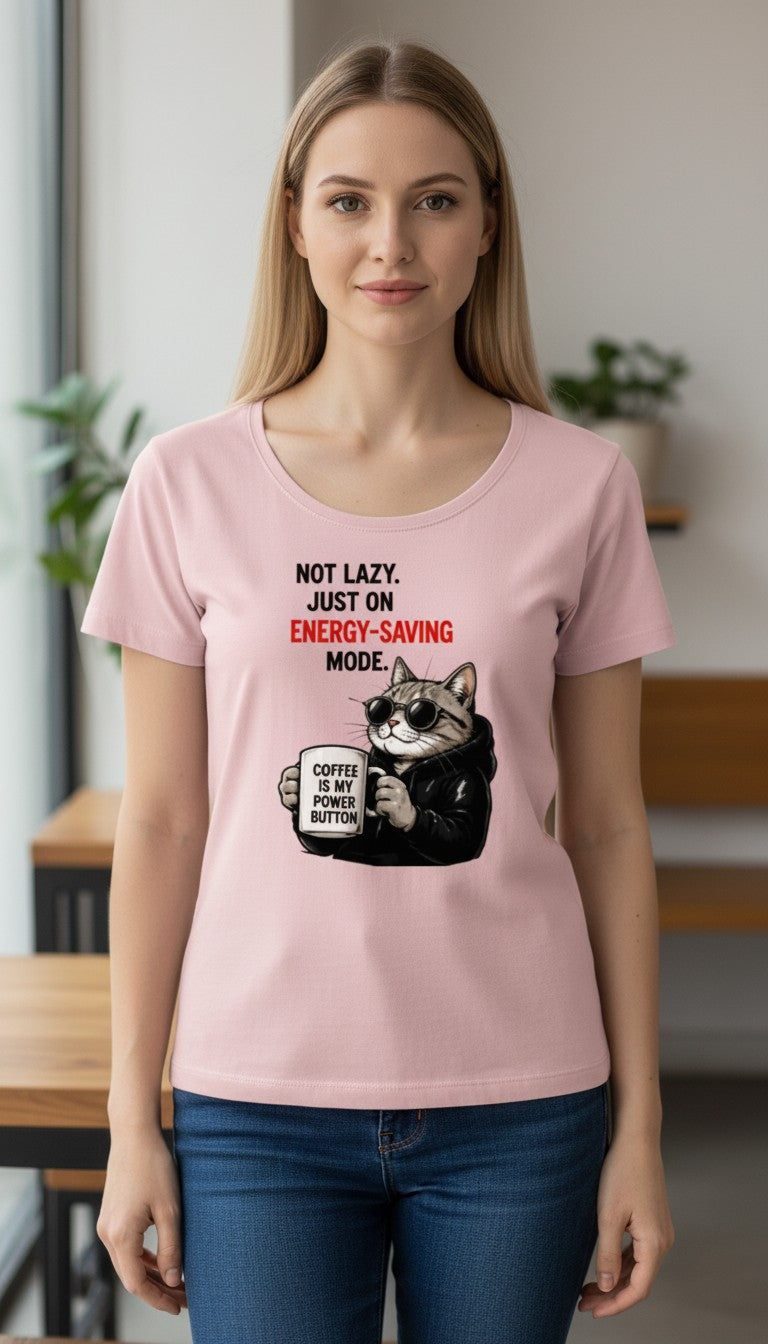 Energy-Saving Mode Cat Tee – Coffee Powered Graphic T-Shirt