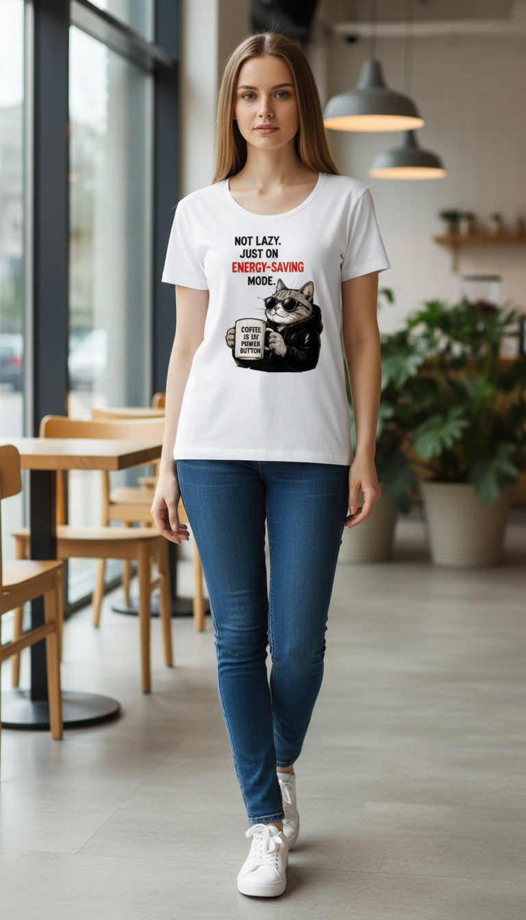 Energy-Saving Mode Cat Tee – Coffee Powered Graphic T-Shirt