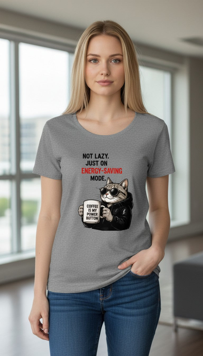 Energy-Saving Mode Cat Tee – Coffee Powered Graphic T-Shirt