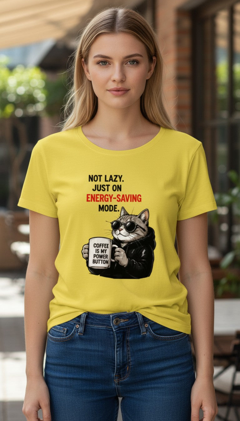 Energy-Saving Mode Cat Tee – Coffee Powered Graphic T-Shirt
