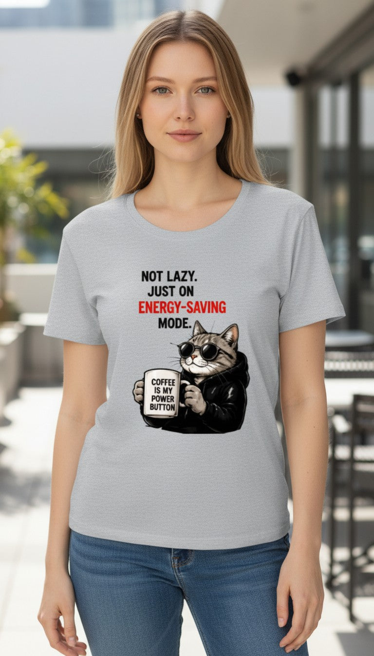 Energy-Saving Mode Cat Tee – Coffee Powered Graphic T-Shirt