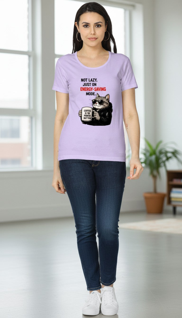Energy-Saving Mode Cat Tee – Coffee Powered Graphic T-Shirt
