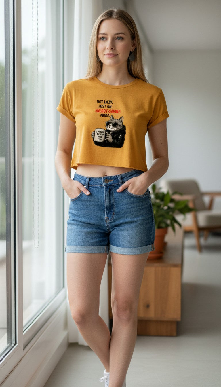 Energy-Saving Mode Cat Cropped Tee – Funny Women's Crop Top