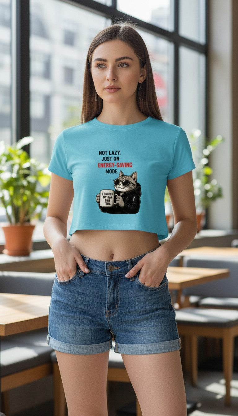 Energy-Saving Mode Cat Cropped Tee – Funny Women's Crop Top