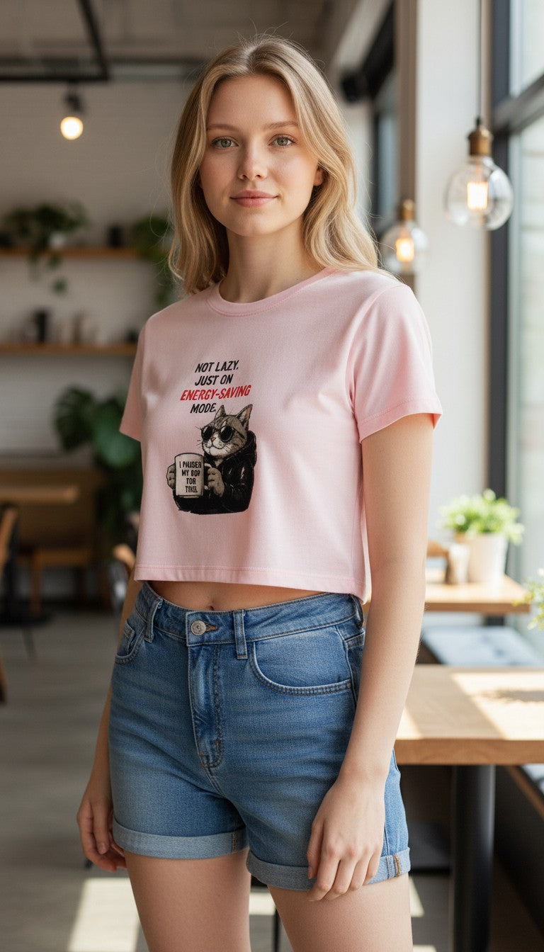 Energy-Saving Mode Cat Cropped Tee – Funny Women's Crop Top