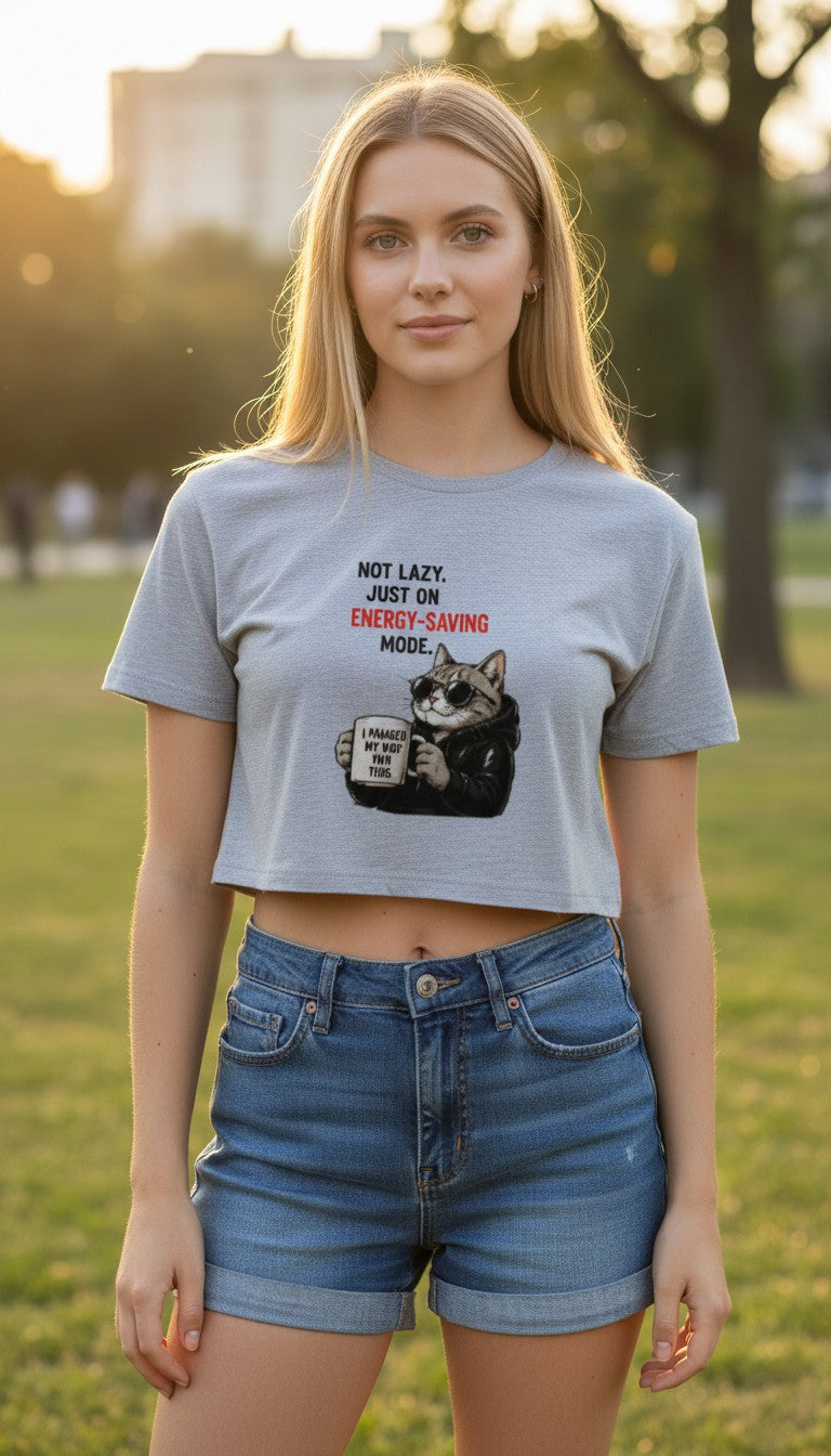 Energy-Saving Mode Cat Cropped Tee – Funny Women's Crop Top