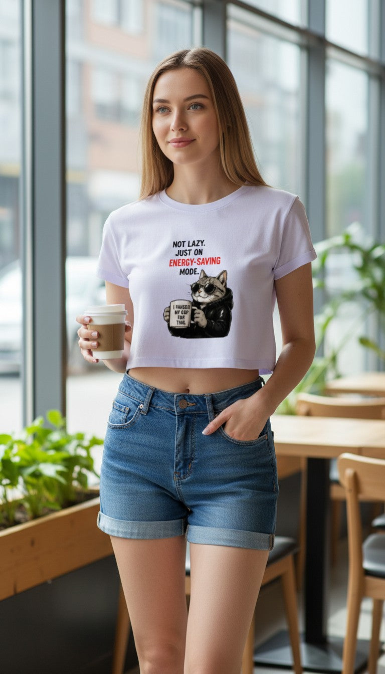 Energy-Saving Mode Cat Cropped Tee – Funny Women's Crop Top