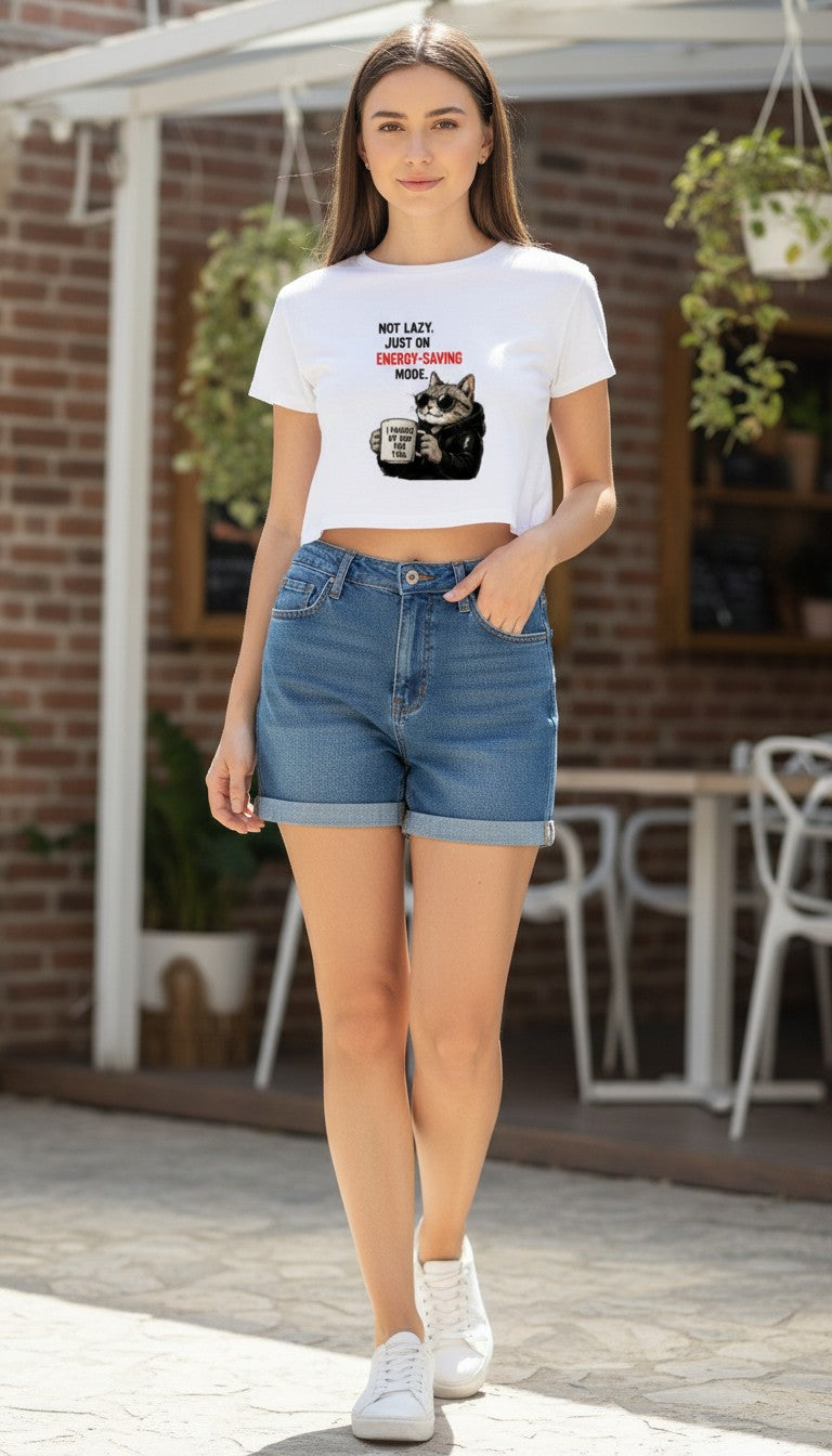 Energy-Saving Mode Cat Cropped Tee – Funny Women's Crop Top